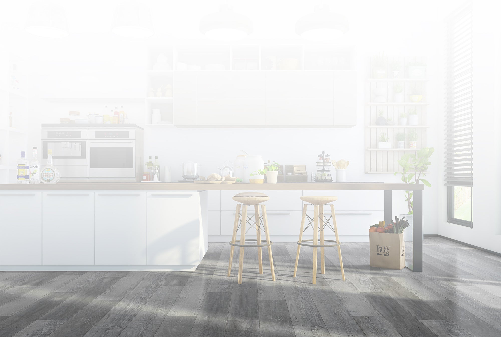 Grey wood textured floor in a kitchen.