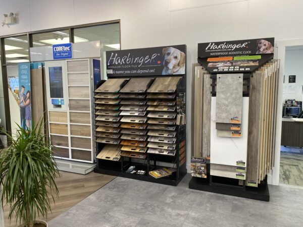 Click flooring samples from Harbinger and COREtec, displayed in the Nufloors Kamloops store