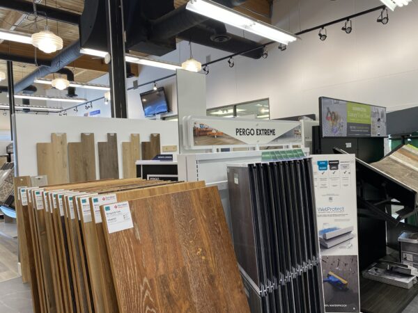 Flooring Samples from Karndean, Pergo Extreme and Mannington Luxury Vinyl, displayed in the Nufloors Kamloops store