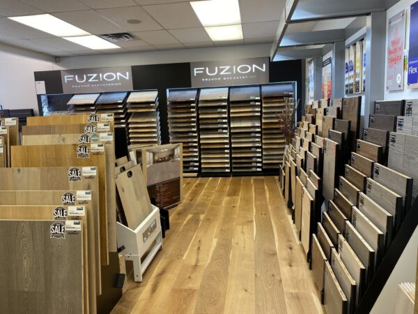 Wood flooring sample displays in the Nufloors Kamloops store