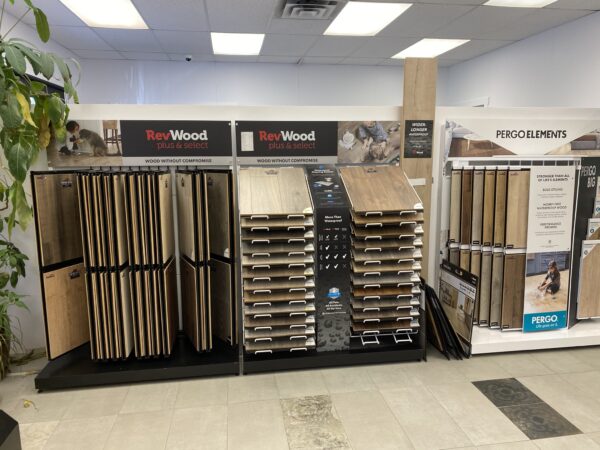 RevWood and Pergo Elements waterproof wood flooring samples at Nufloors Kamloops