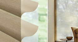 Side by side images of a close up of beige shading sheers and shading sheers hanging in a livingroom.