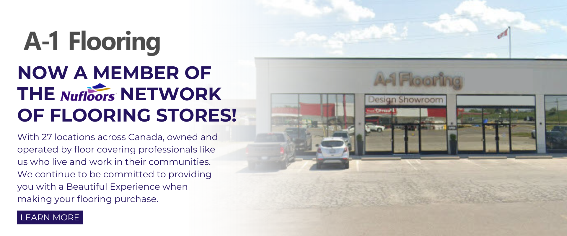 an announcement banner stating that A-1 Flooring is now a member of the Nufloors Network of flooring stores, with a photo of the A-1 Flooring building exterior