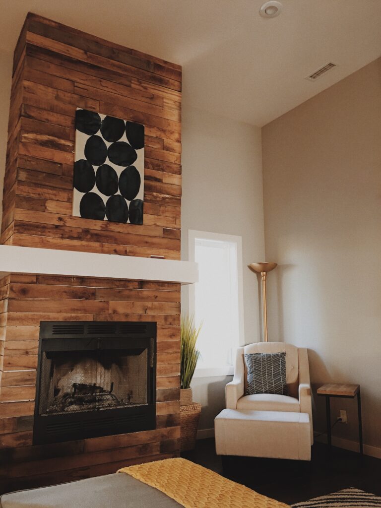 Fireplace with reclaimed wood look