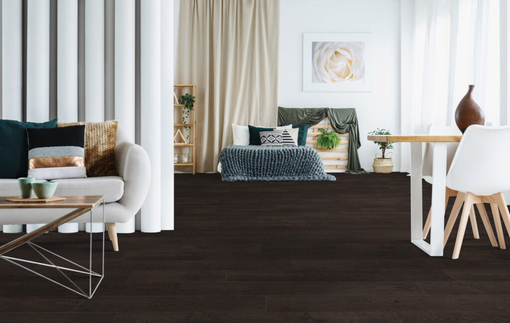 dark stained white oak flooring, contrasted with a light room and spacious interior design.