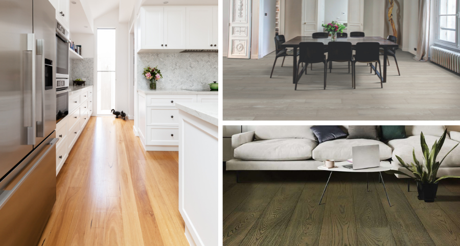 Collage of three different types of white oak hardwood floors