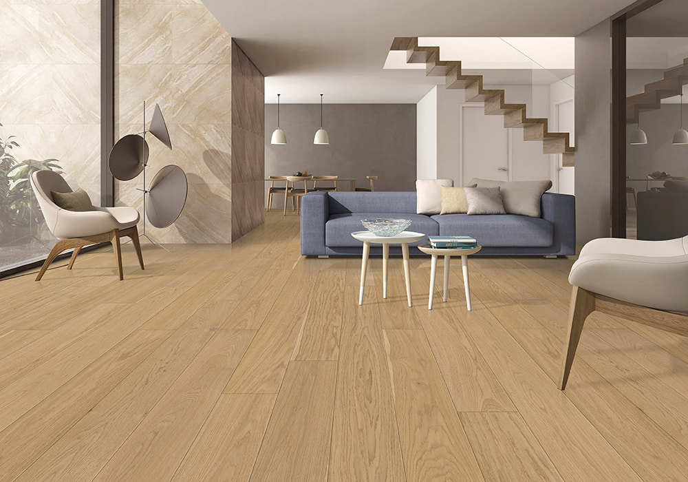 Classic engineered hardwood pattern in modern open-concept home living room rendering.