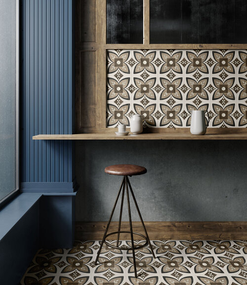 pre-patterned tile used in a kitchen seating area with navy blue walls