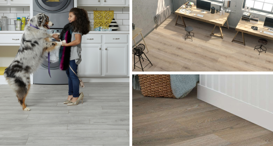 Collage of 3 different types on laminate flooring, shown in homes, including a kitchen with a child and a dog, and a living room.