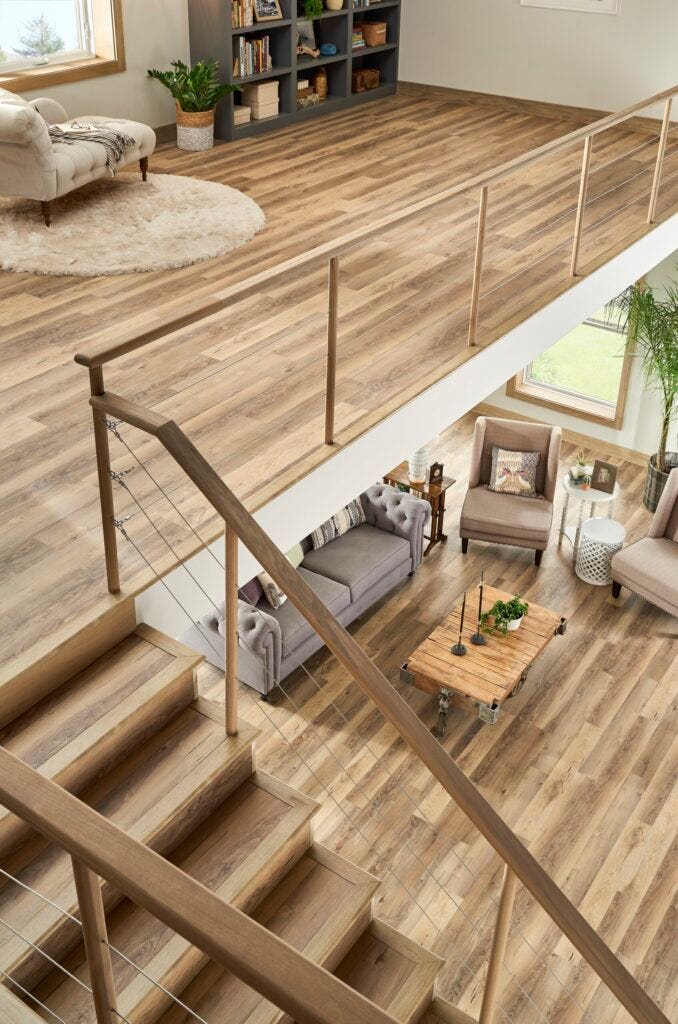 Napa Dry Cork Throughout house and stairs, viewed from an upstairs landing looking down into the living room