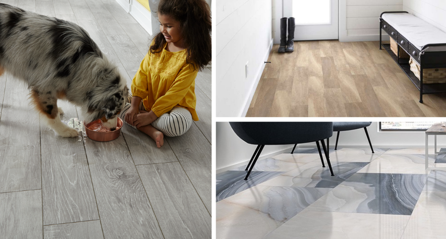 A collage of three images of flooring in high-traffic areas, such as an entryway and kitchen. One image shows a young girl with a dog sitting on the floor.
