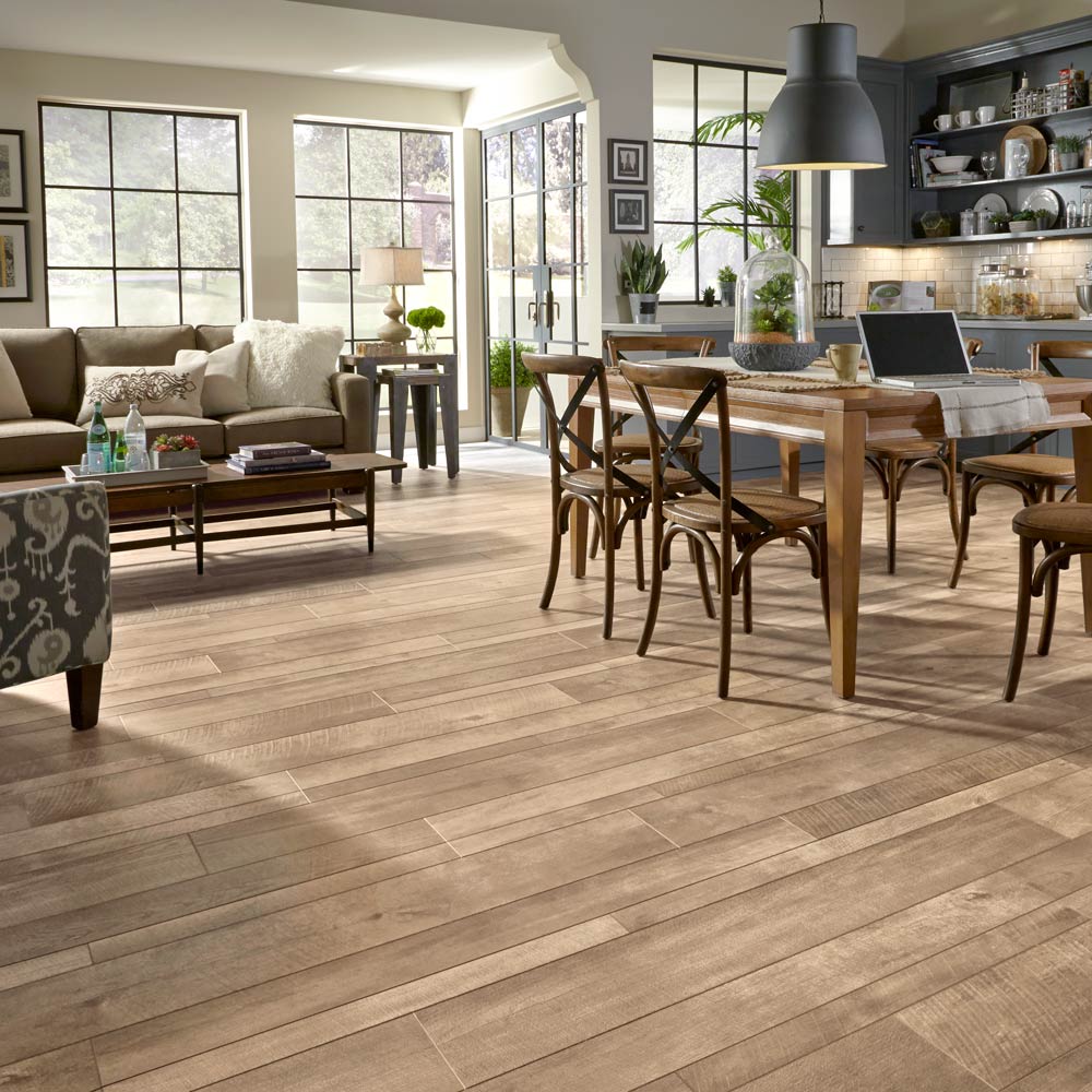 Keystone Oak Patina laminate flooring in open concept living and dining room