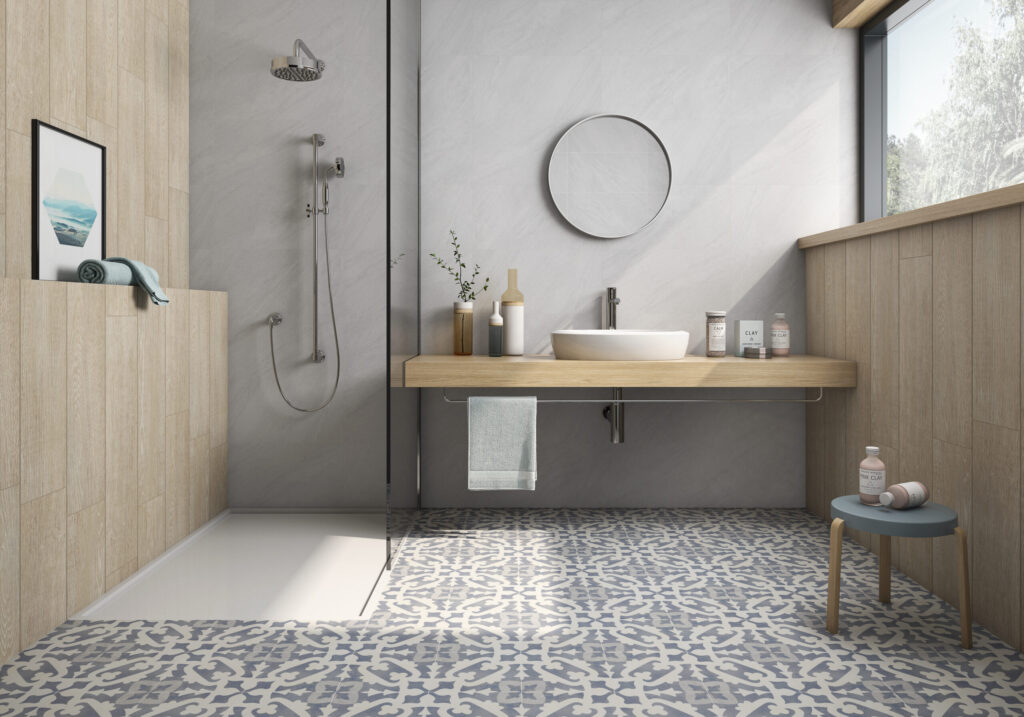 Pamesa Art tile flooring in a modern bathroom, by Tierra Sol Tile offered by Nufloors