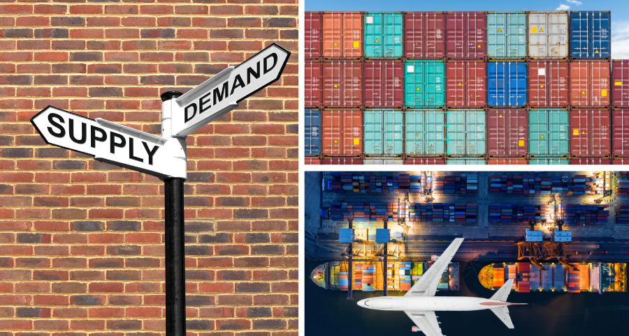 Collage of 2021 Supply Chain Challenges - Shipping containers, air and water shipping
