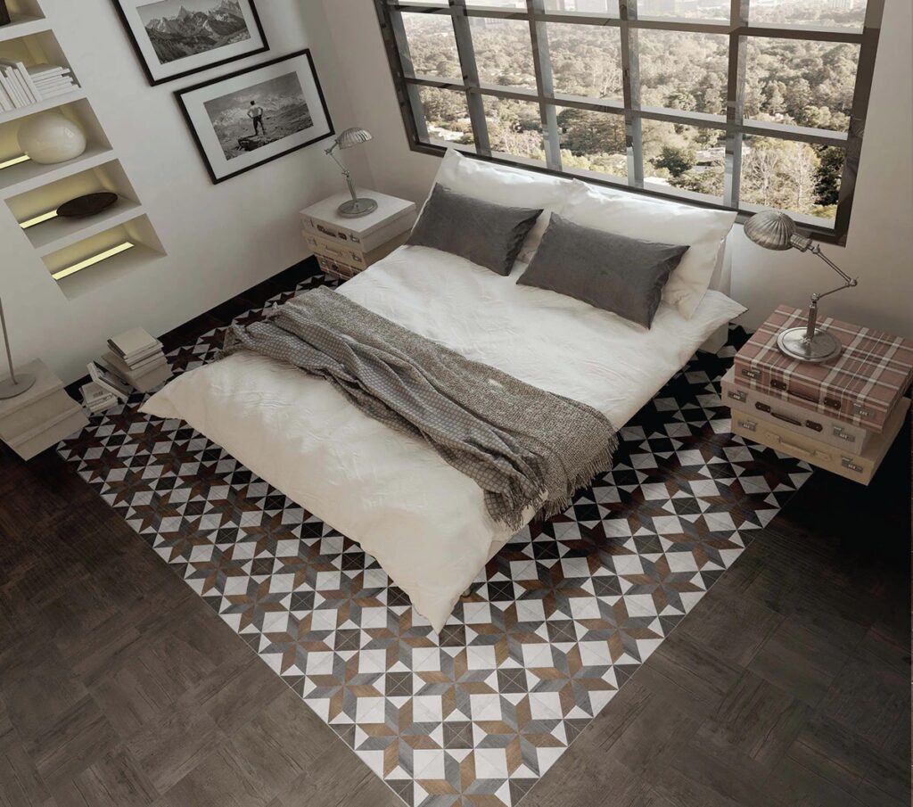 Heated tile cozy Floors in an apartment bedroom with a modern checkered wood pattern.