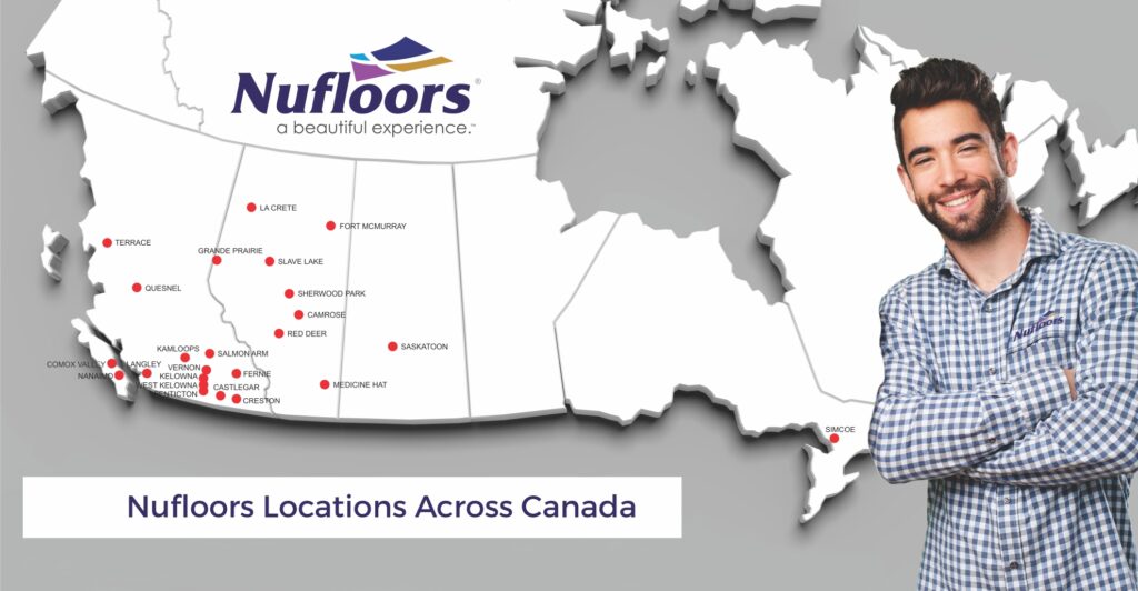 a weather-man style map with pins of Nufloors flooring franchise Canada locations, and a Nufloors owner smiling in the foreground. 