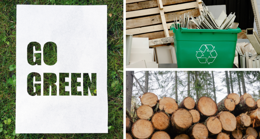 Collage of eco-friendly flooring related photos including a white poster that says go green, a pile of chopped timbers, and a green recycling bin.