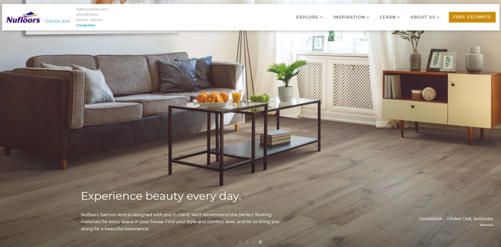 Beautiful Nufloors website screenshot, highlighting the high quality web presence and SEO work you'll receive for becoming part of our local flooring group