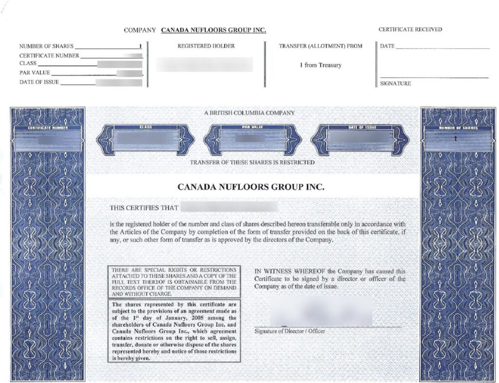 A screenshot of the Canada Nufloors Flooring Group Inc. contract that states all owners maintain their independence and have equal share from day one. 
