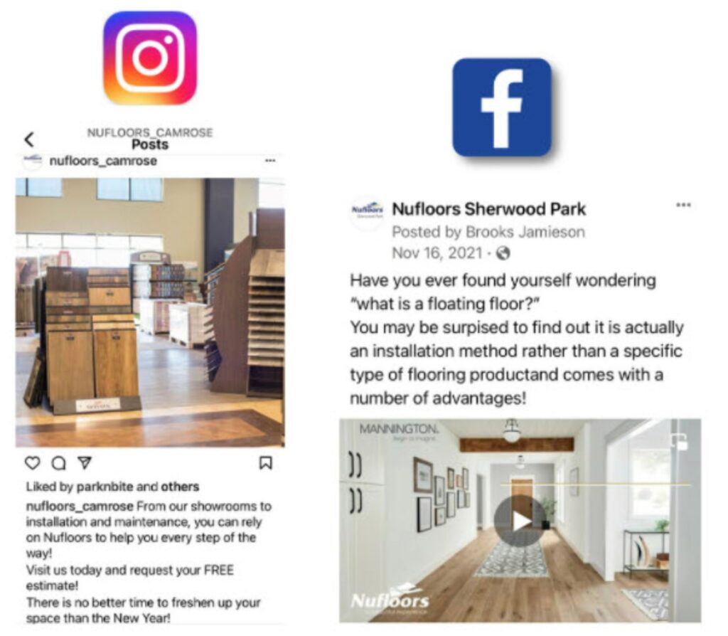 A screenshot of an Instagram and Facebook post from Nufloors Canada, highlighting the social media content you'll receive as a Nufloors owner