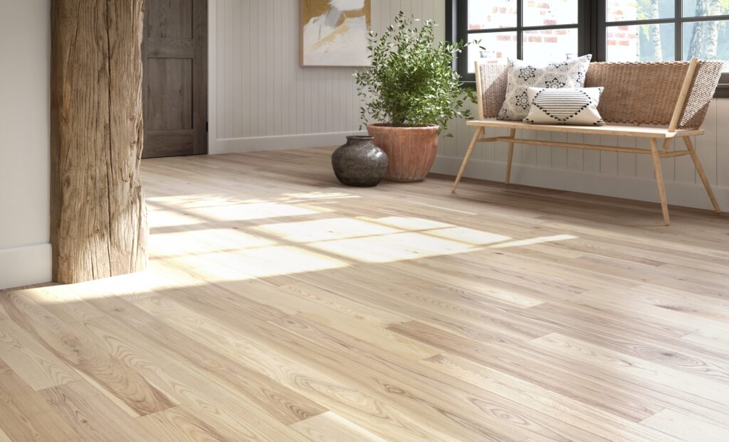 Mercier White Ash hardwood flooring in the colour Naked in a relaxed, contemporary living space.