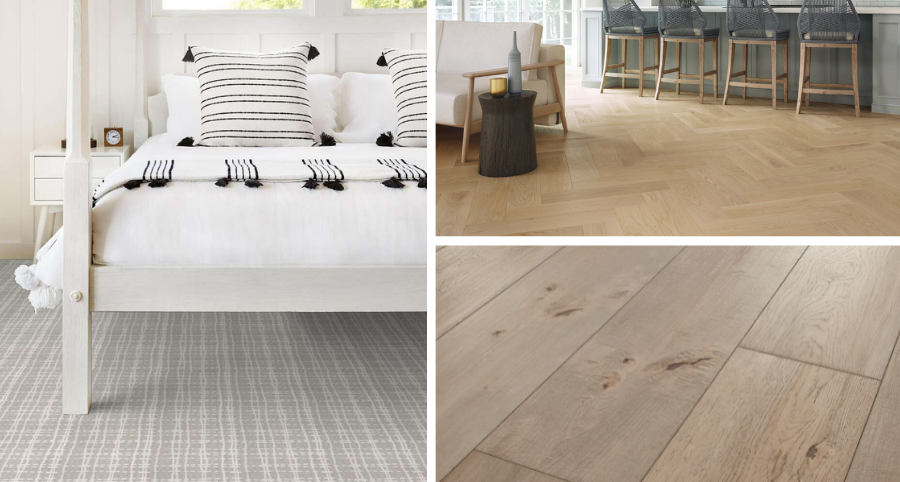 Three image collage of an interior designer's top flooring picks; a bedroom with grey carpet, a close up of light wood laminate flooring and a living room with light hardwood floors.