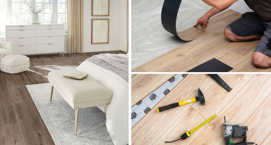Three image collage showing steps of installing vinyl flooring.