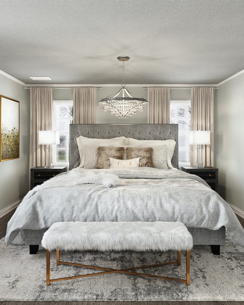 Neutral coloured bedroom with various cozy textures in bedding, pillows and blankets.