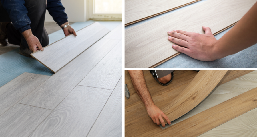 a 3 photo collage of flooring installers laying down luxury vinyl using the various types of locking systems