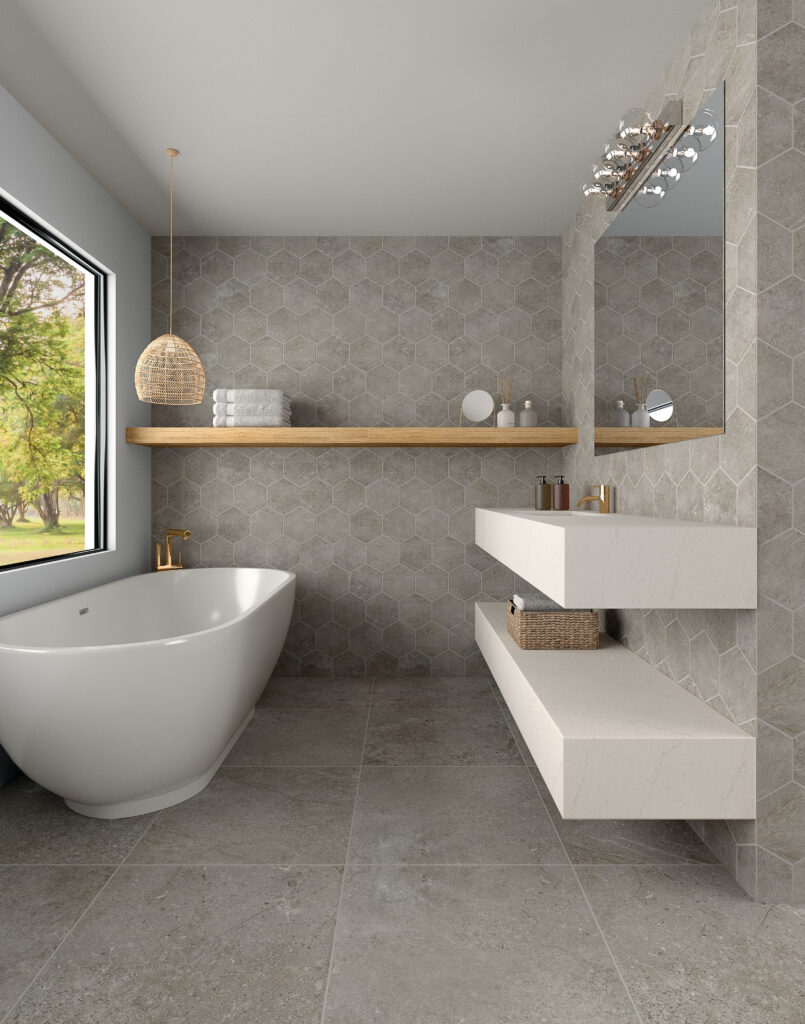 a tile flooring bathroom by Daltile