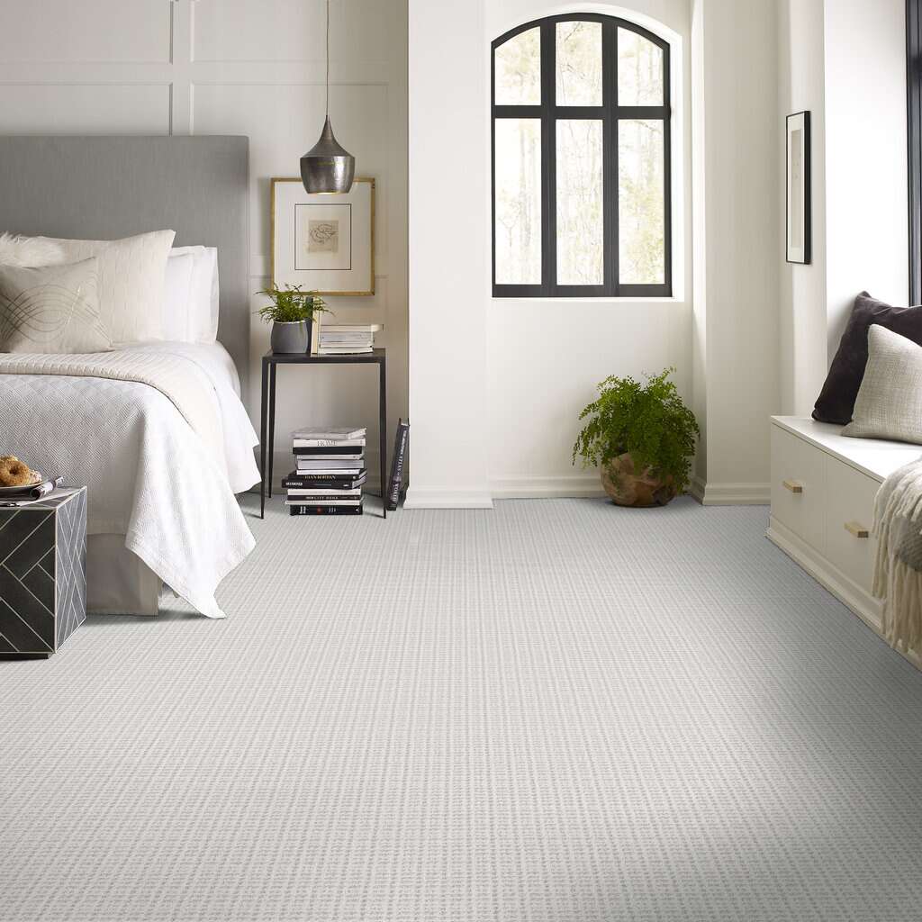 Pet Perfect + carpeting showcased in a modern farmhouse design bedroom, with cream walls and light grey carpets