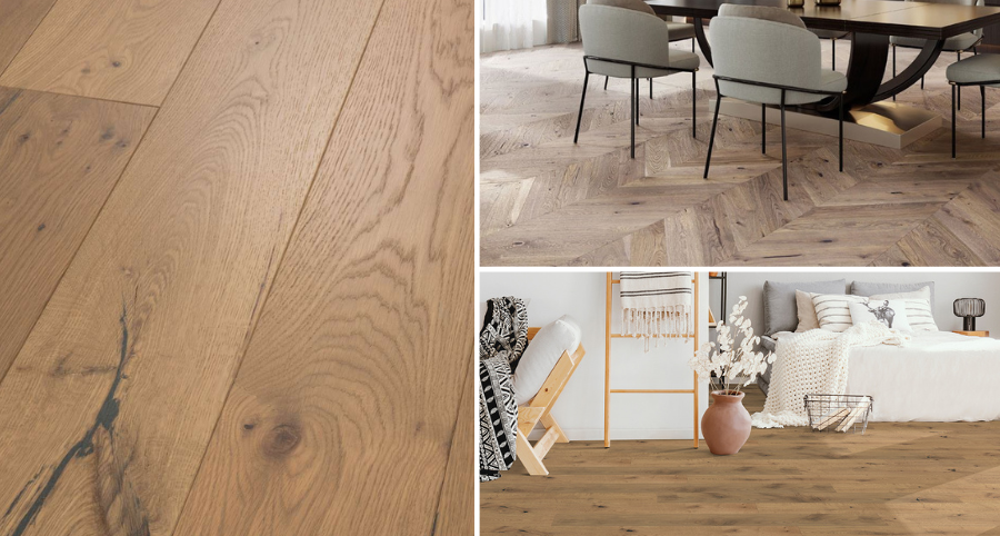 a collage of engineered hardwood flooring, with a close up as well as a living room and dining room with engineered hardwood flooring installed