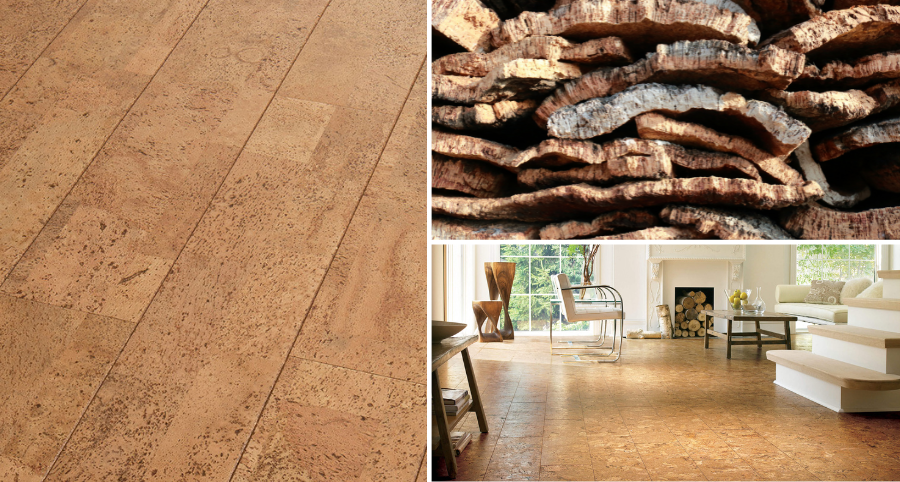 a collage of cork flooring, with images of the raw cork material, a flooring closeup, and a living room with cork flooring installed
