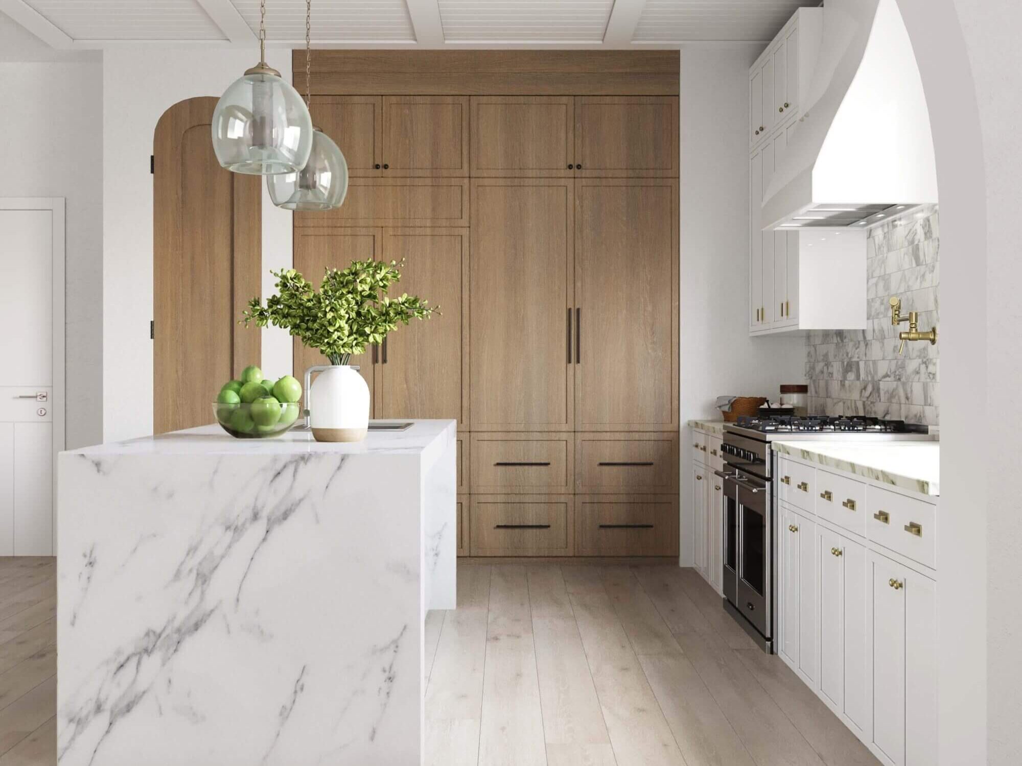 Cork Wood XP designer flooring by Torlys, shown here in a modern kitchen with wood cabinets and a marble island