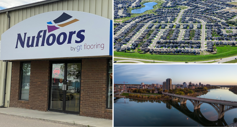 Nufloors Saskatoon store sign at exterior entrance, in a grid next to two stacked photos of the city of saskatoon with the bridges