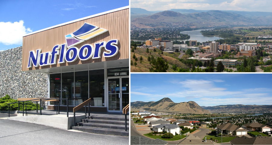 Nufloors kamloops exterior store front with signage, next to two scenic photos of Kamloops landscapes