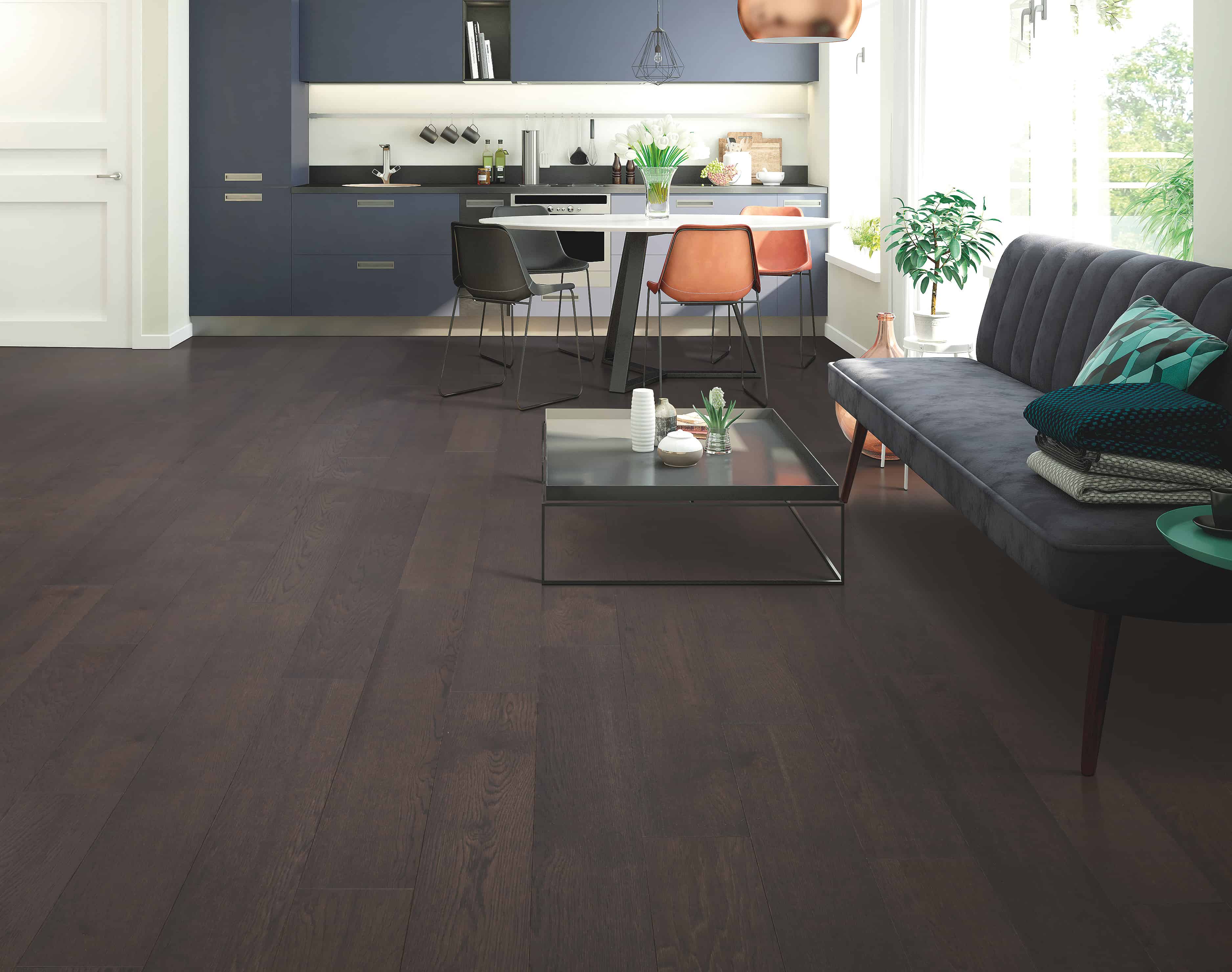 Apartment living area and kitchen with Alpine Ridge Midnight Storm Oak flooring.