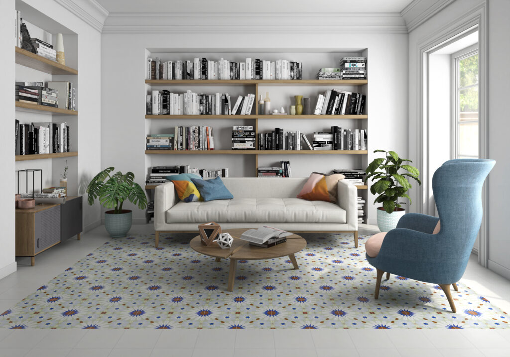 Ceramic tile in colourful pattern in a living room
