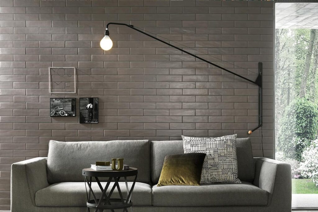 Brown wall tiles in a living room.