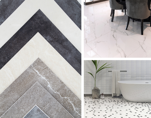 Photo collage of a mixture of ceramic tile and natural stone