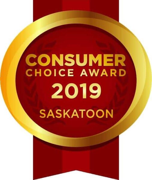Graphic of red and gold award with text Consumer Choice Award 2019 Saskatoon.
