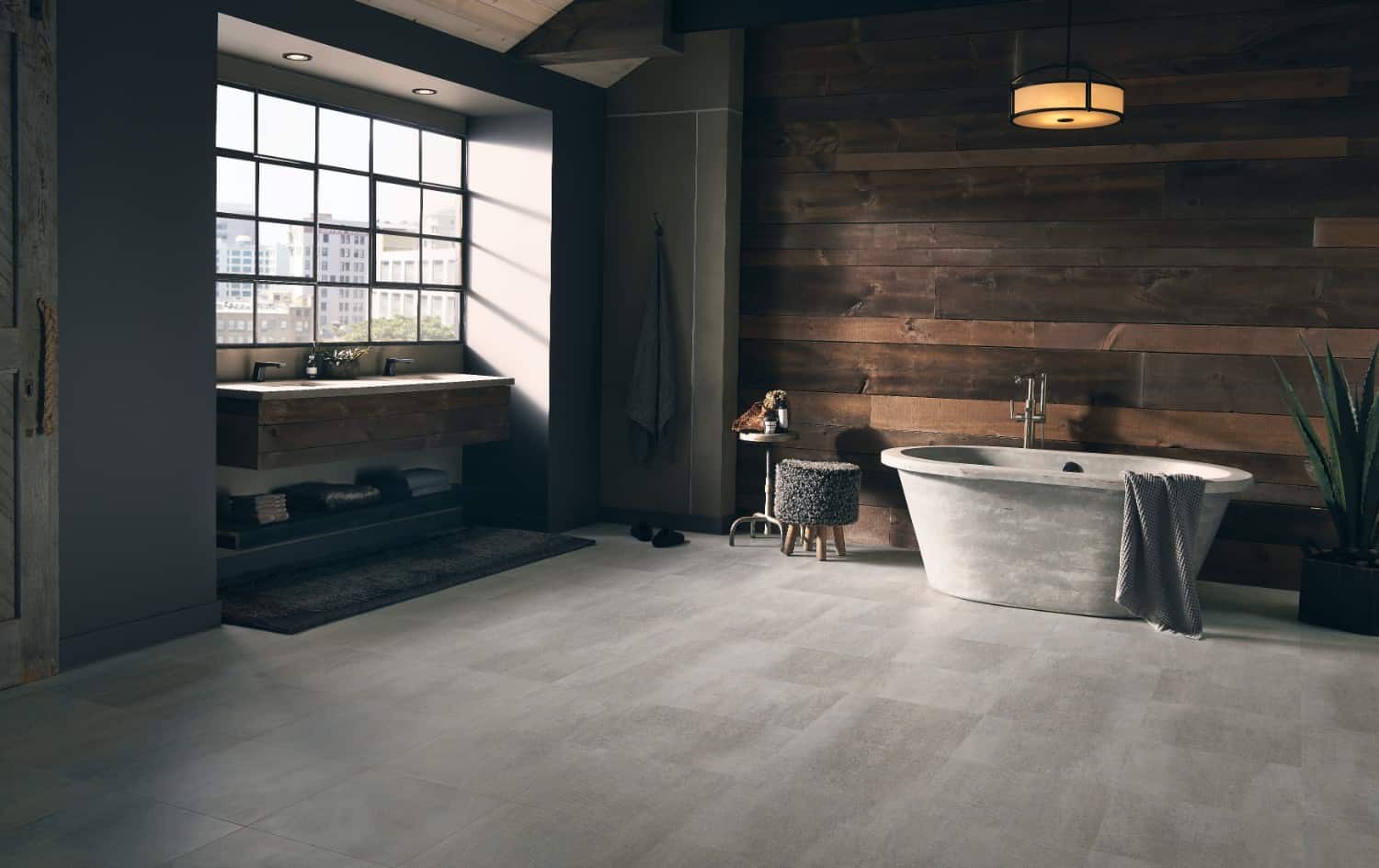 Dark bathroom walls with contrasting flooring