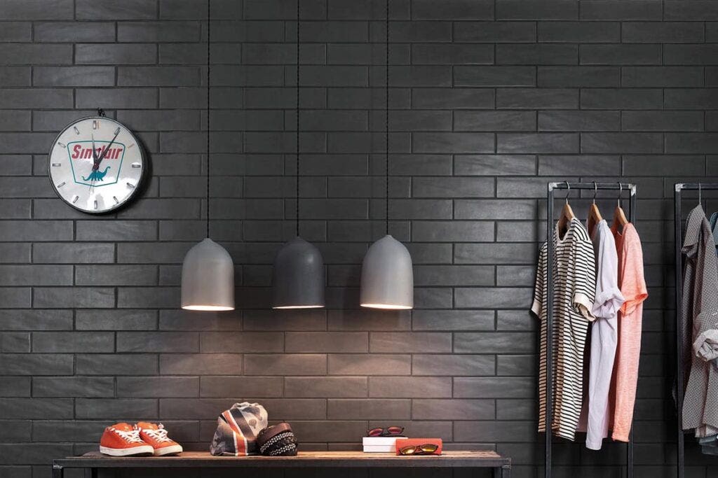 Dark brown wall tiles.