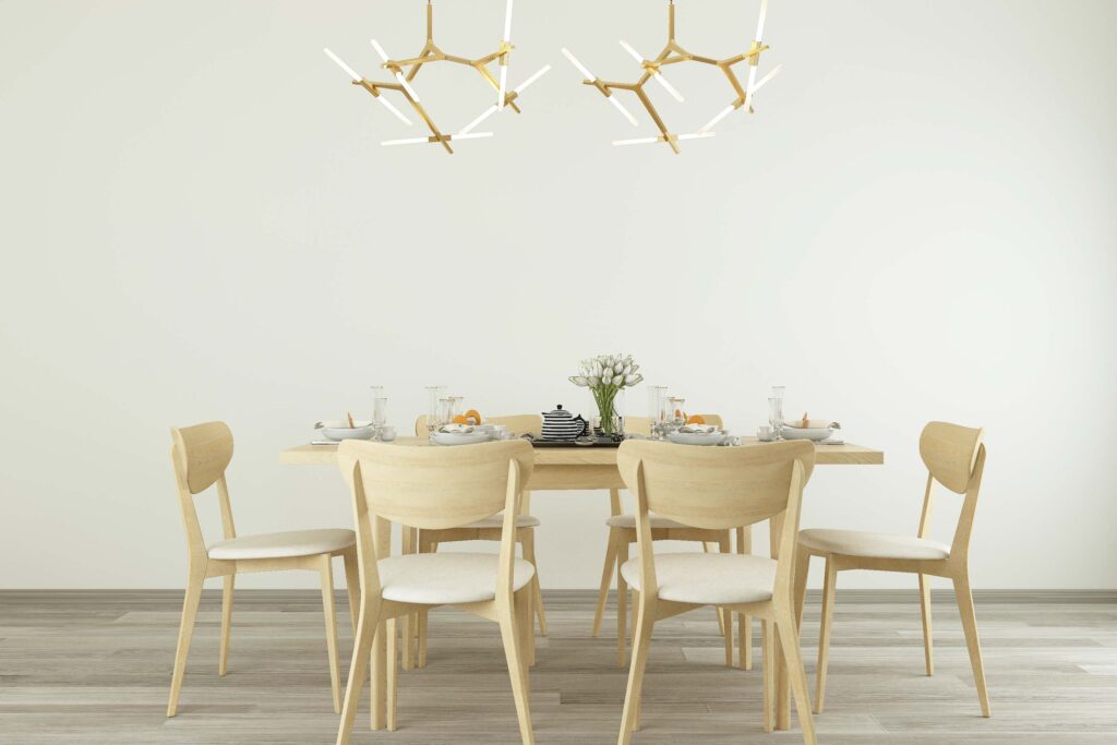 Light and bright dinning room with trendy light fixture