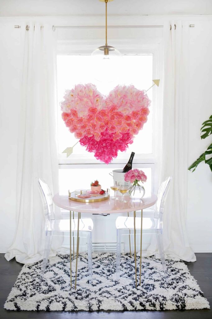 Hanging Flower Heart above Table set for Two
