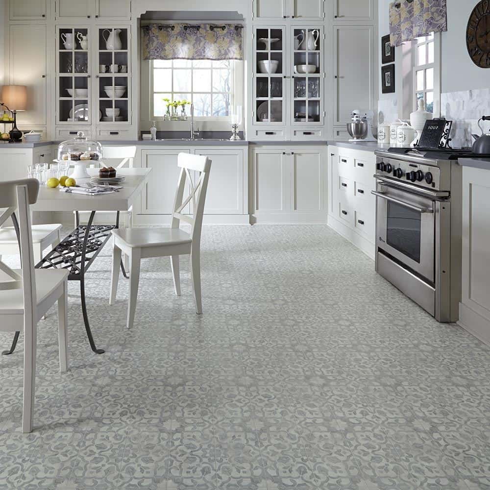Sheet vinyl looks like tile flooring and brings the kitchen together.