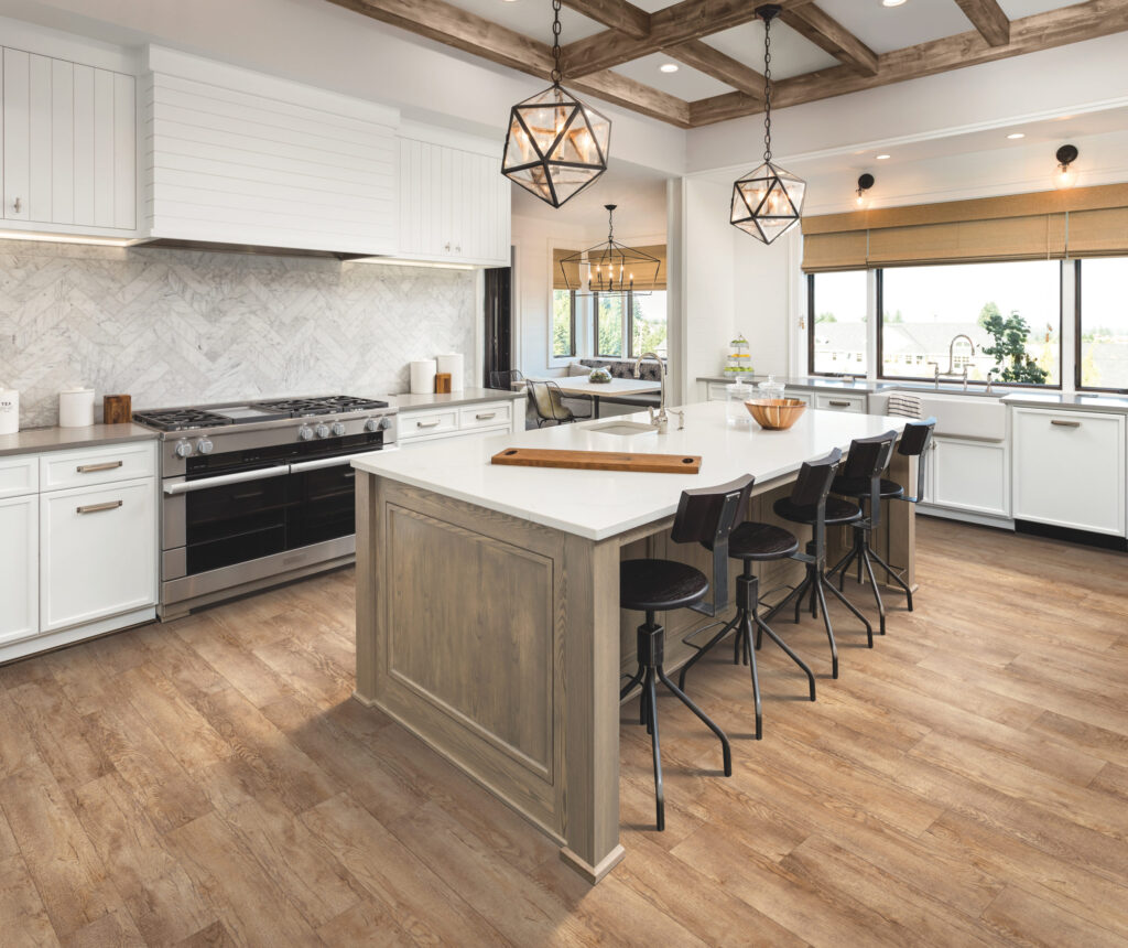 Modern farmhouse kitchen with luxury vinyl flooring