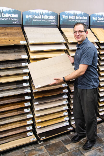 Nufloors Fernie Team Member With West Coast Collection Fine Hardwood Flooring Samples