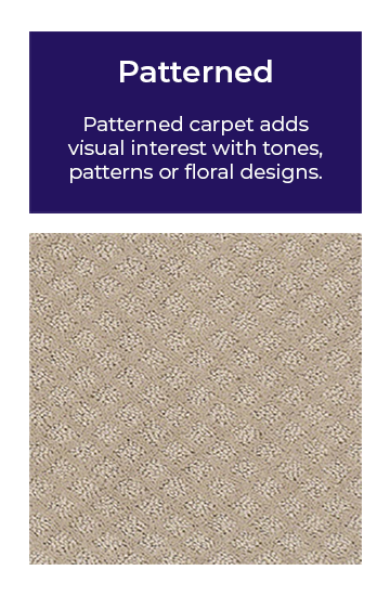 Image of patterned carpet with text above it saying, "Patterned carpet adds visual interest with tones, patterns or floral designs."