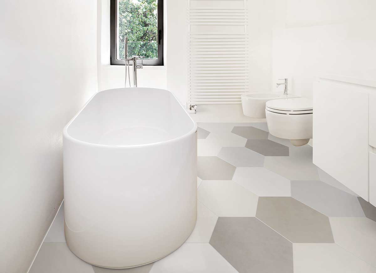 Porcelain hexagon tile in bathroom